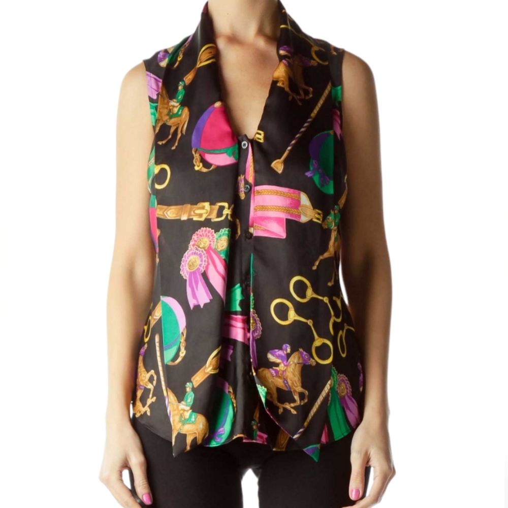 Lauren Ralph Lauren Black Multicolor Printed Blouse with Tie Size 2